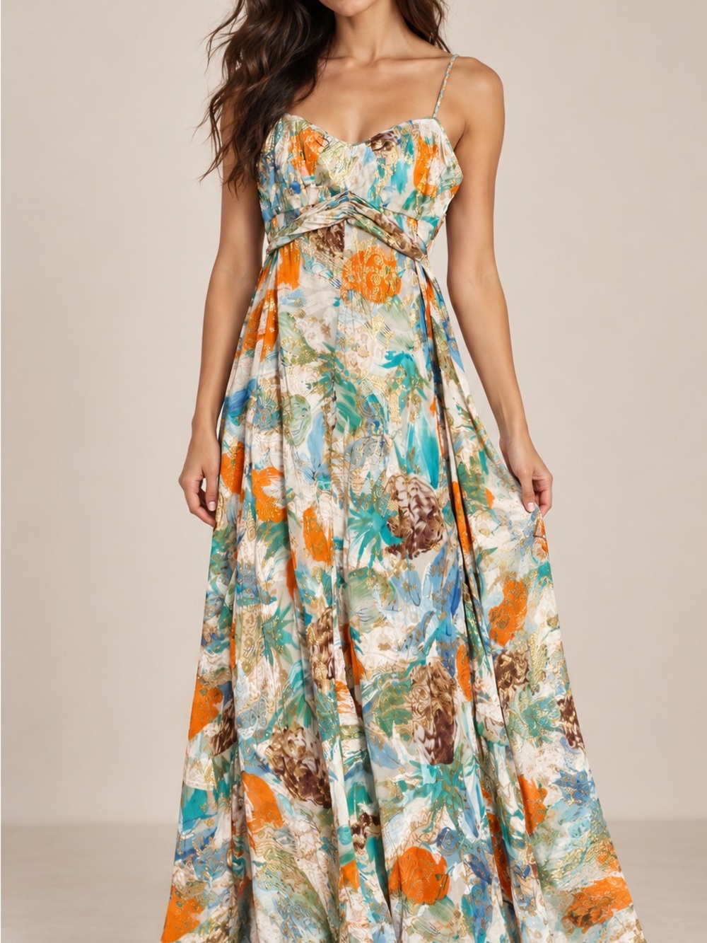 Diane von Furstenberg DVF Sonia Silk Metallic Maxi Dress Size 4 Gold Floral